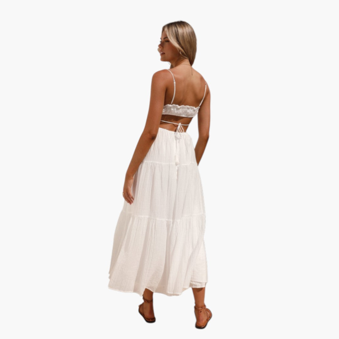 Maxikleid für Damen mit Trägern und mehrlagigem Volantrock