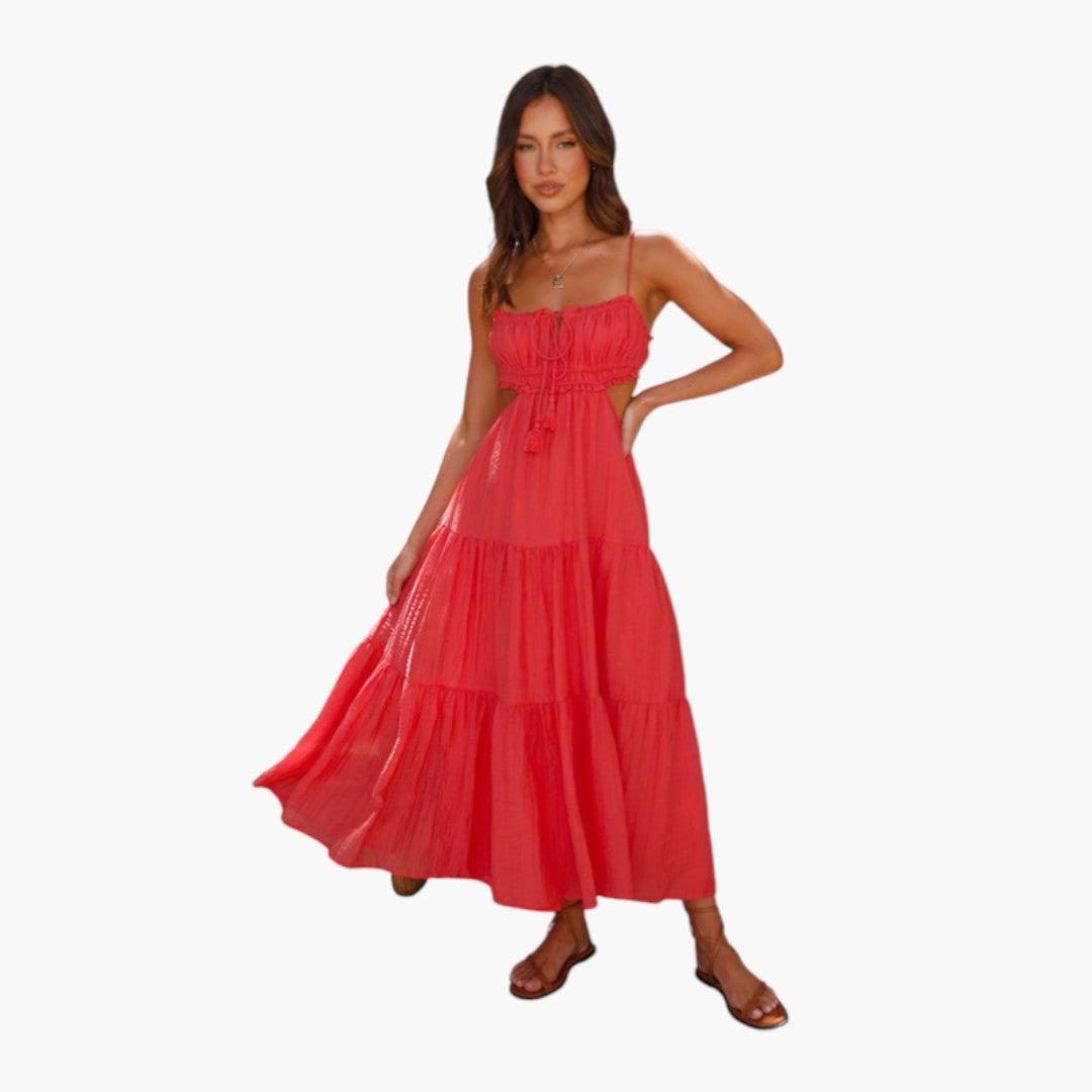Maxikleid für Damen mit Trägern und mehrlagigem Volantrock