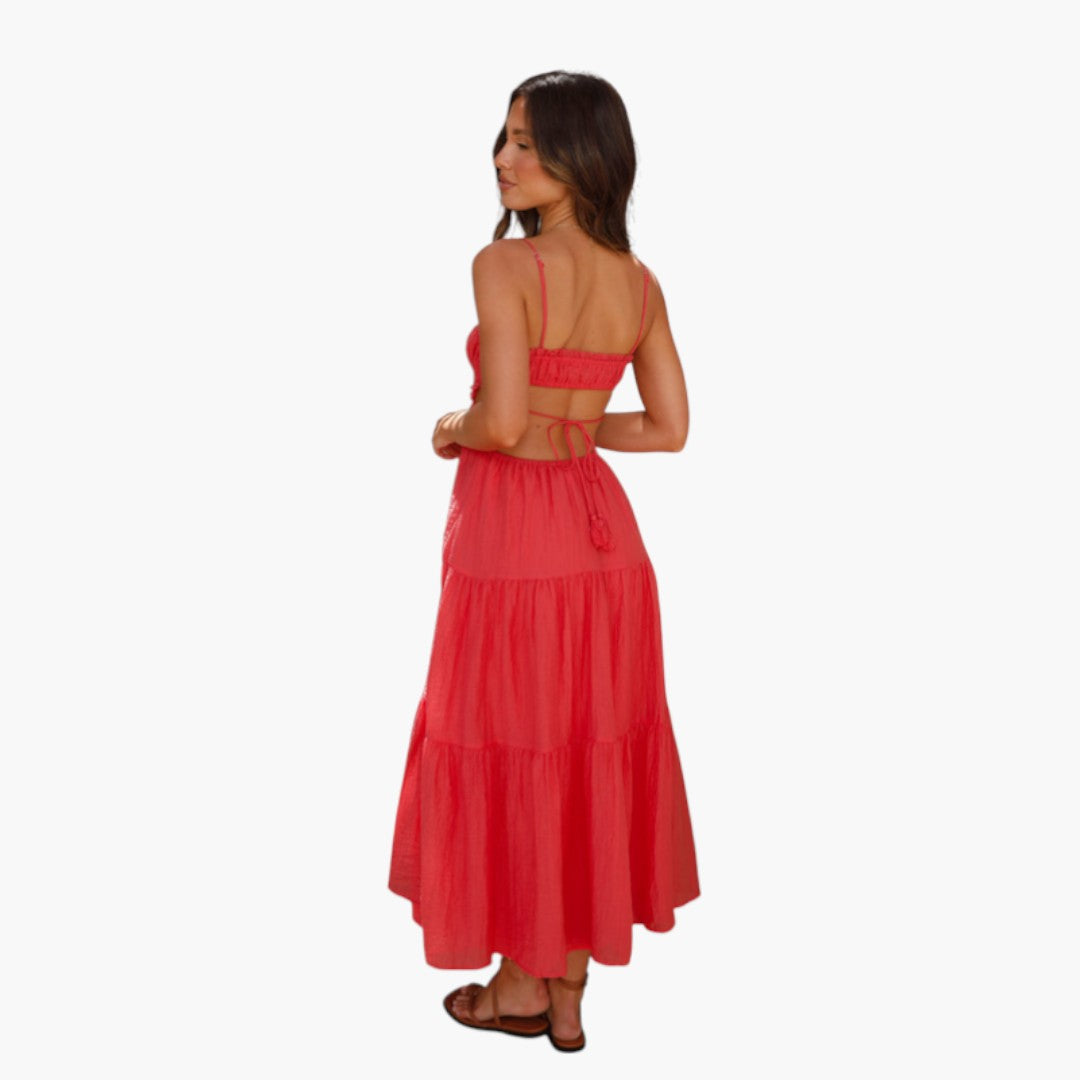 Maxikleid für Damen mit Trägern und mehrlagigem Volantrock
