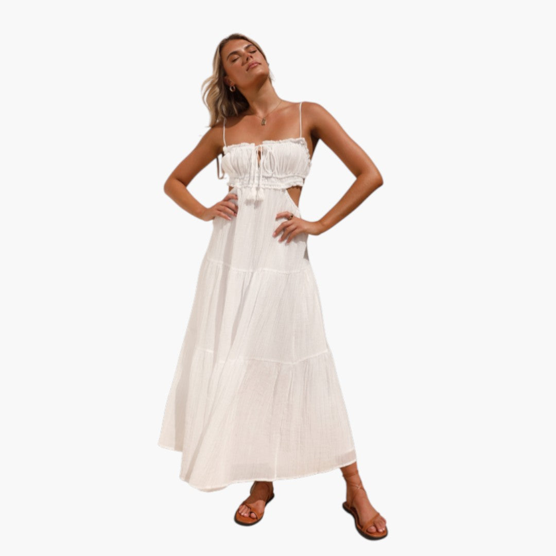 Maxikleid für Damen mit Trägern und mehrlagigem Volantrock