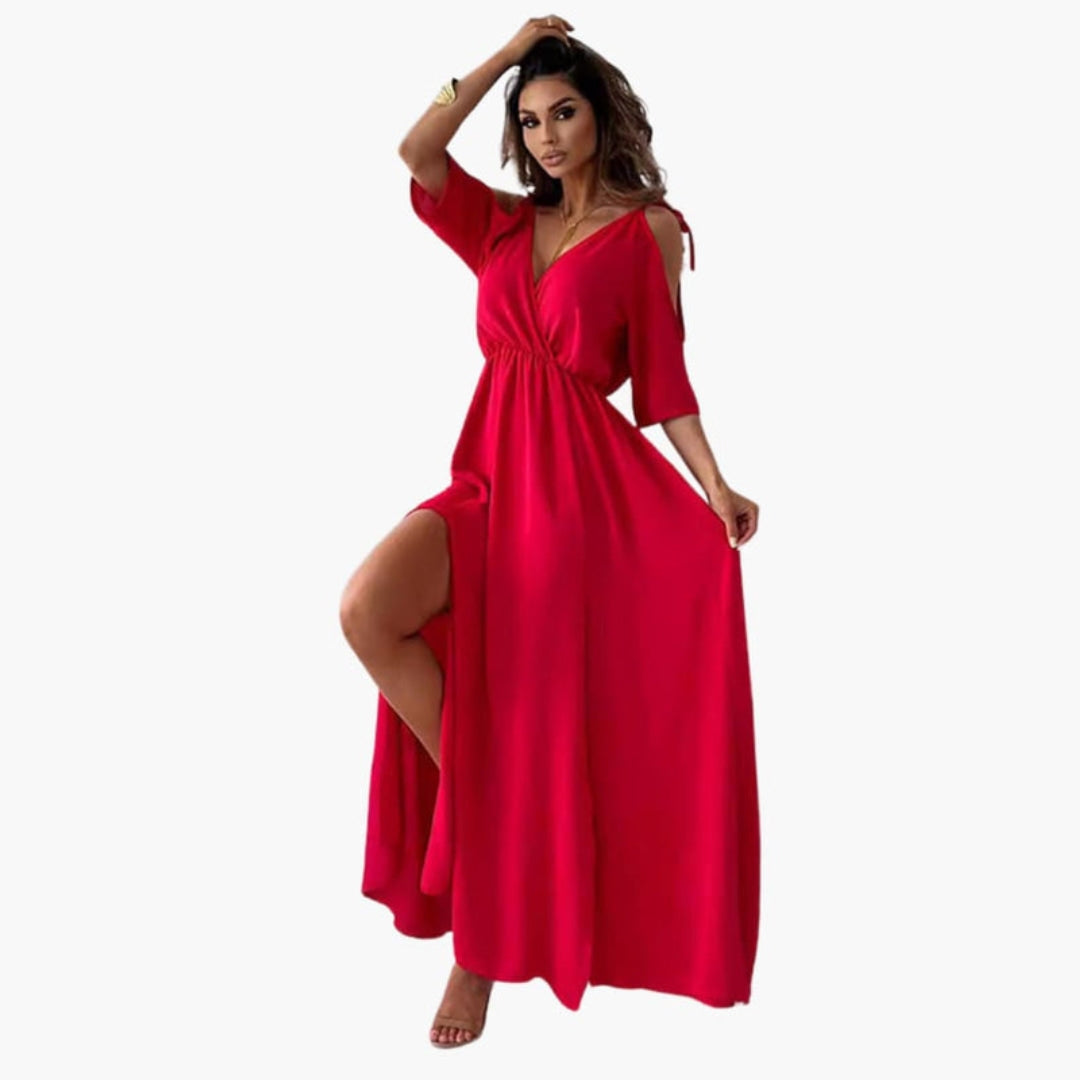 Vestido Maxi Mujer con Escote en V y Abertura Lateral