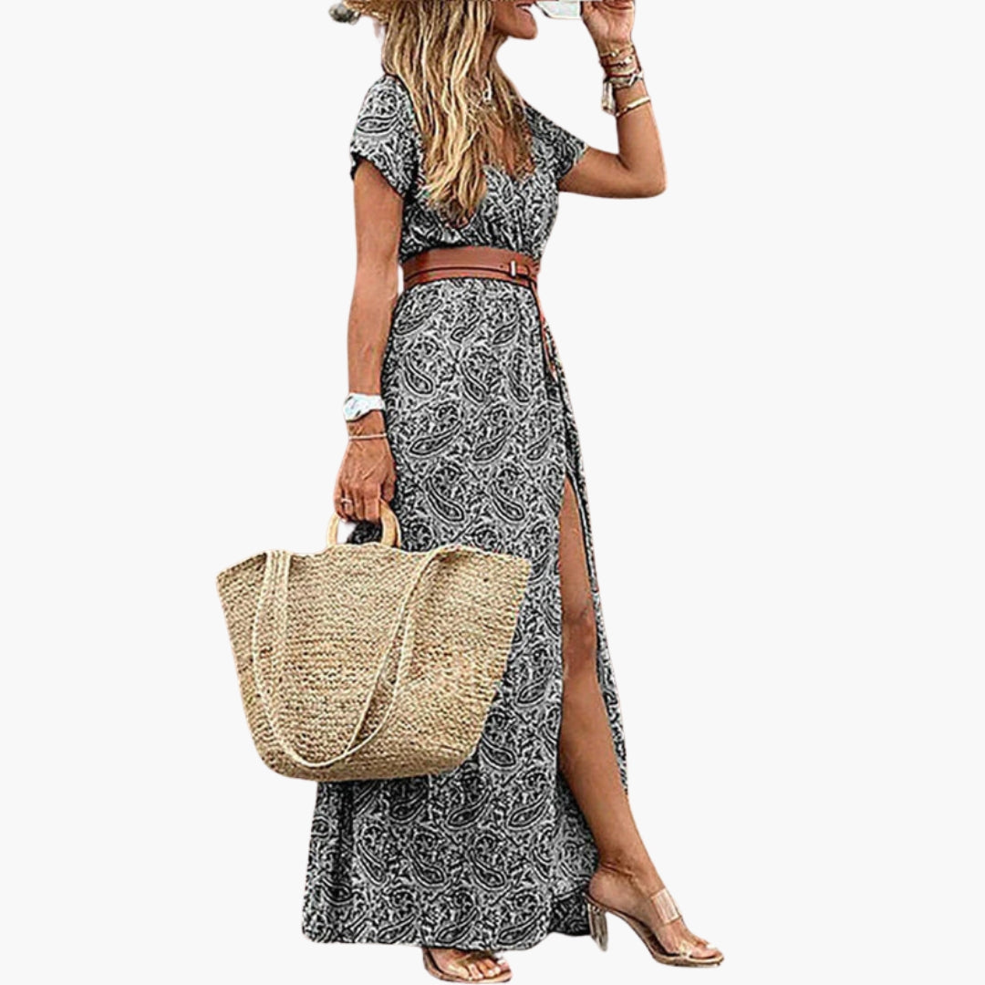 Robe Maxi Femme avec Encolure en V et Ceinture