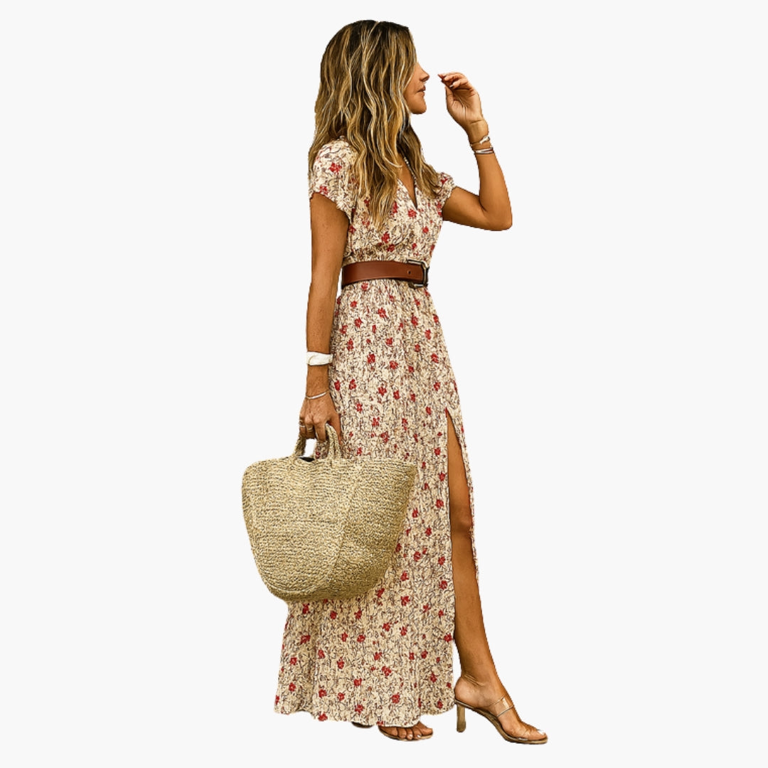 Robe Maxi Femme avec Encolure en V et Ceinture