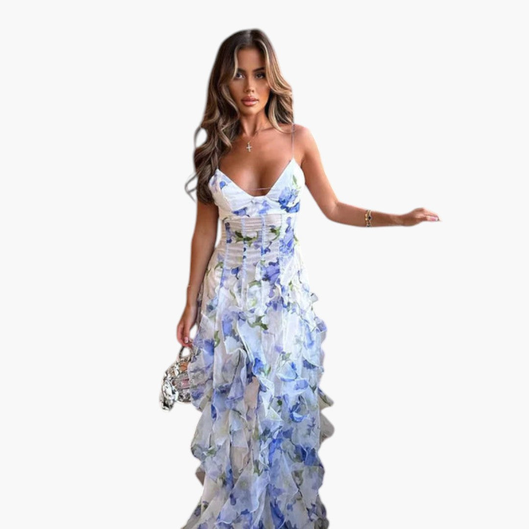 Maxi-jurk voor dames met ruches en bloemenpatroon