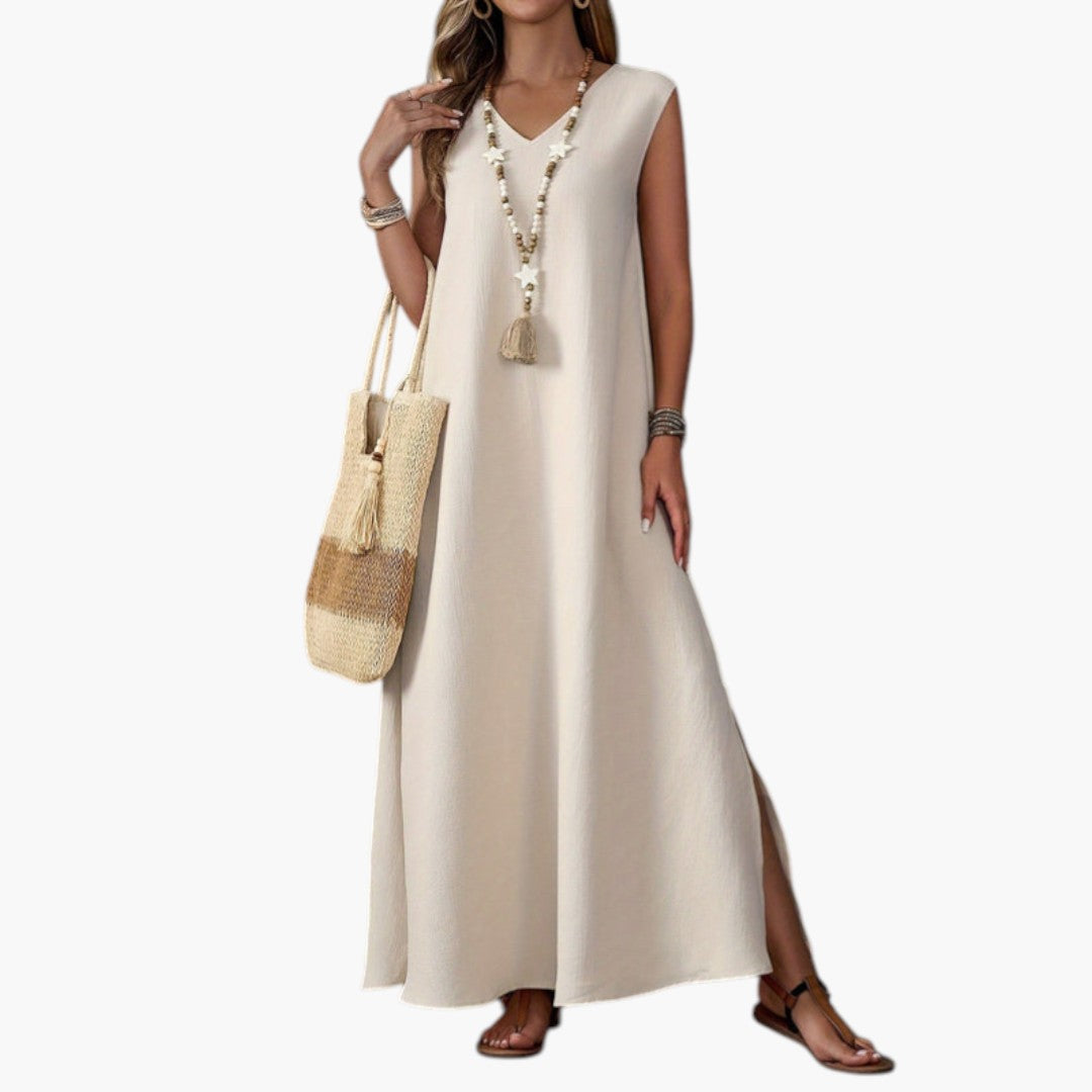 Robe Maxi de Plage Femme avec Col V et Fente Latérale