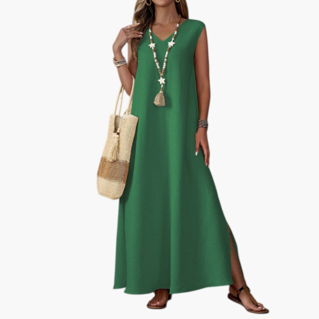 Robe Maxi de Plage Femme avec Col V et Fente Latérale