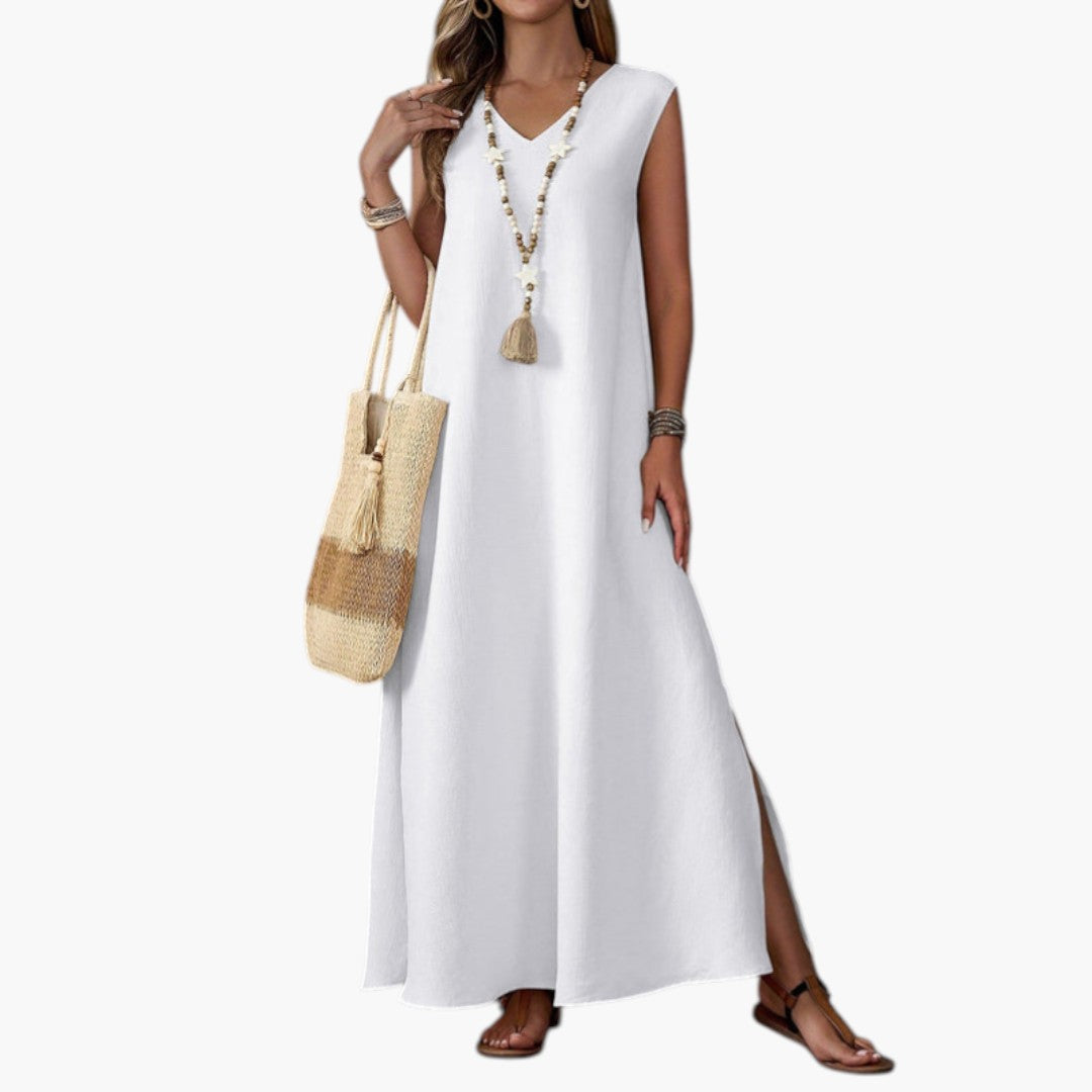 Robe Maxi de Plage Femme avec Col V et Fente Latérale