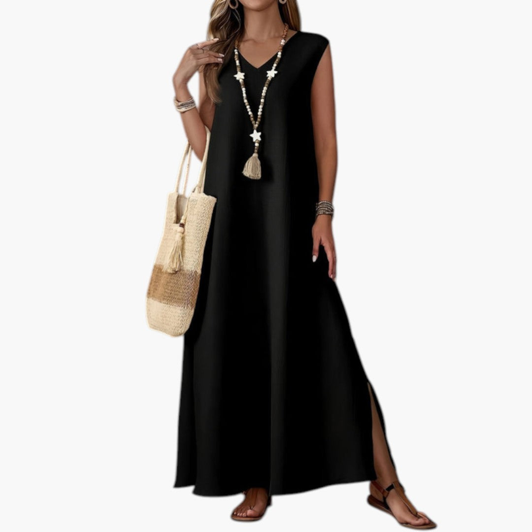 Robe Maxi de Plage Femme avec Col V et Fente Latérale
