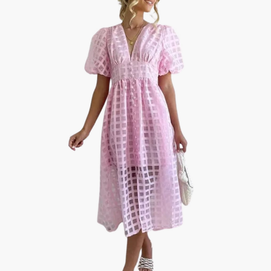 Robe Midi Femme Motif Carreaux avec Manches Bouffantes