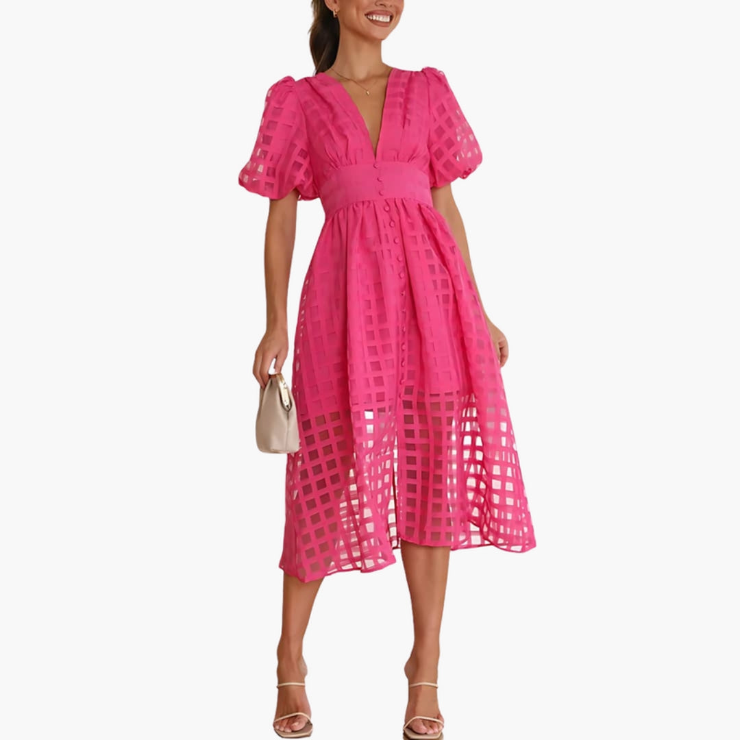 Robe Midi Femme Motif Carreaux avec Manches Bouffantes