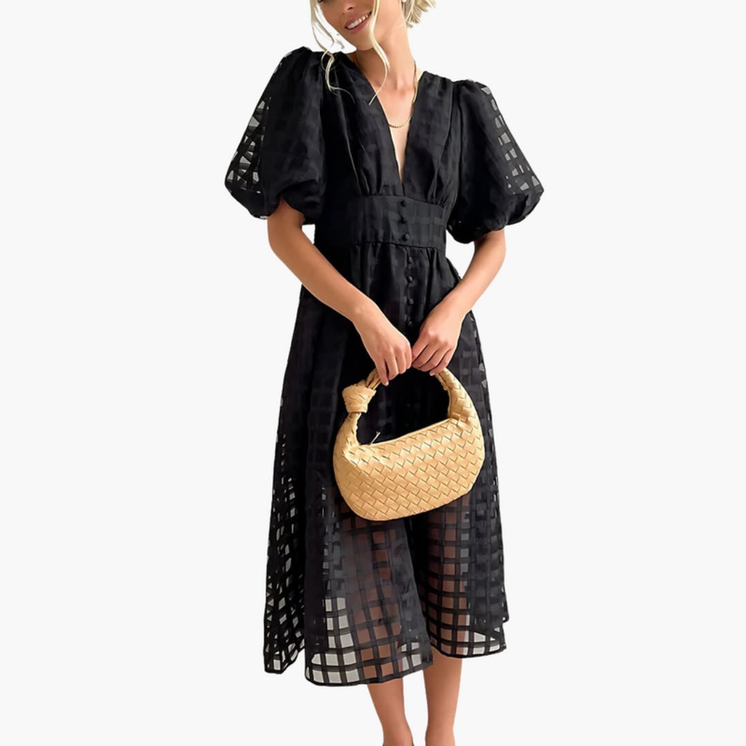Robe Midi Femme Motif Carreaux avec Manches Bouffantes