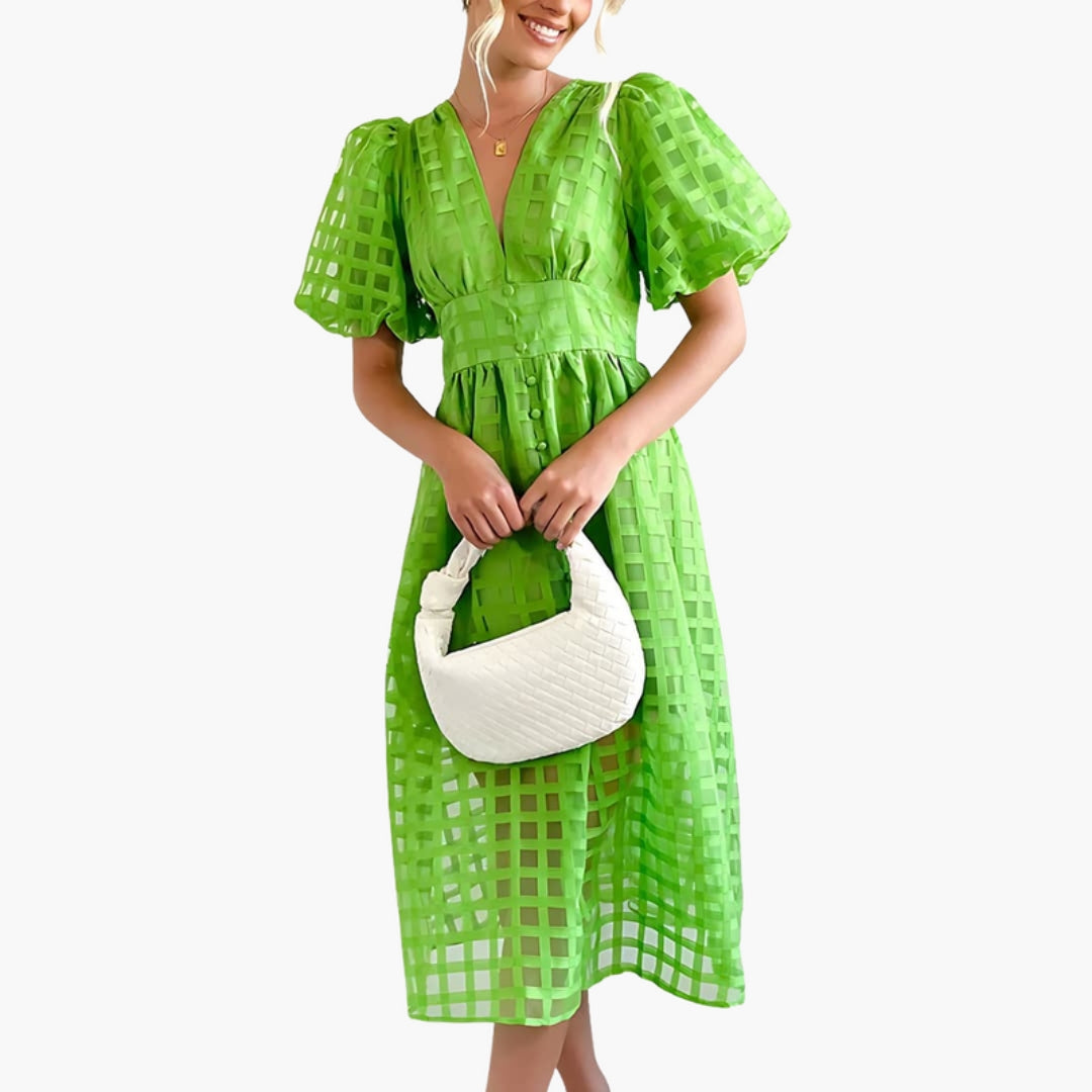 Robe Midi Femme Motif Carreaux avec Manches Bouffantes
