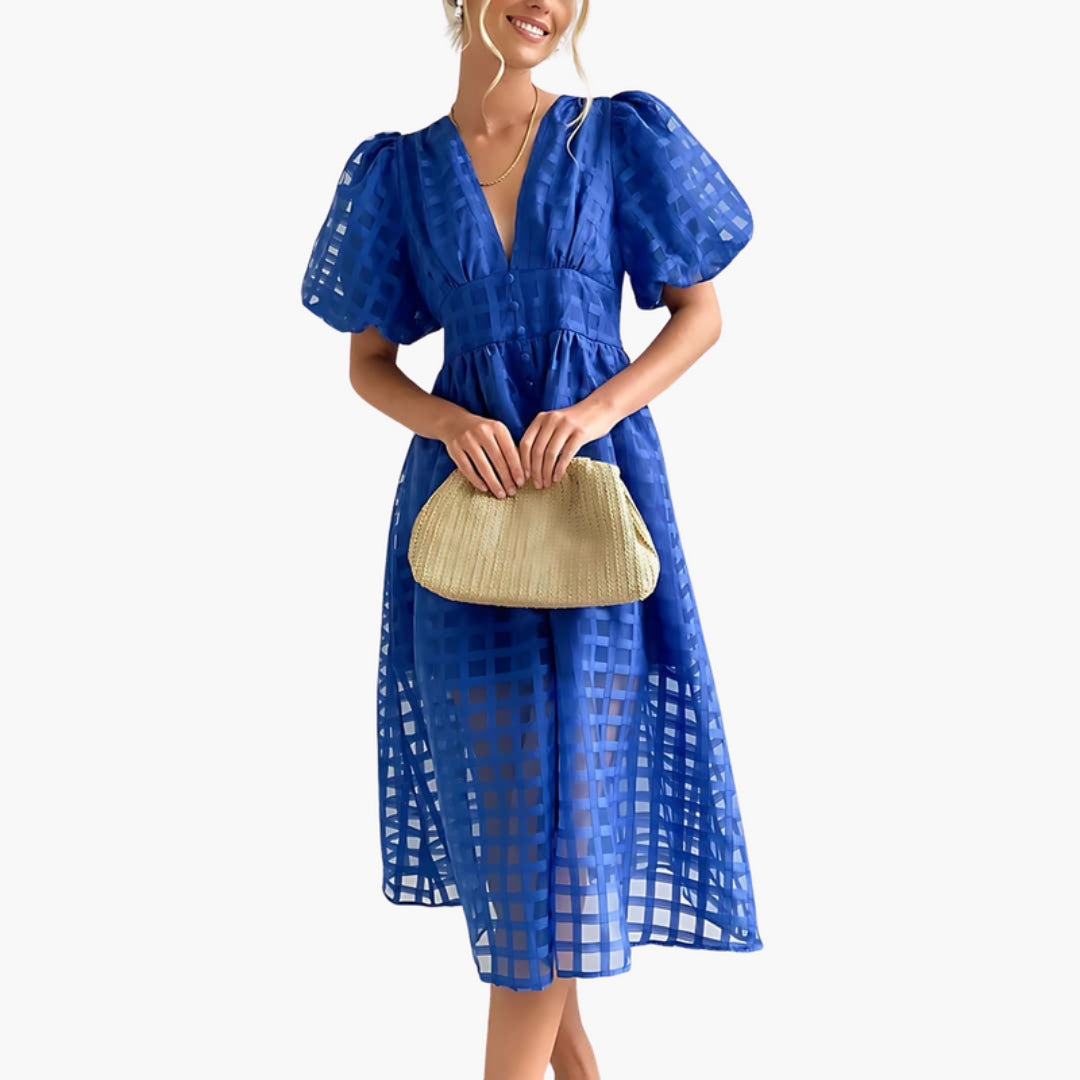 Robe Midi Femme Motif Carreaux avec Manches Bouffantes