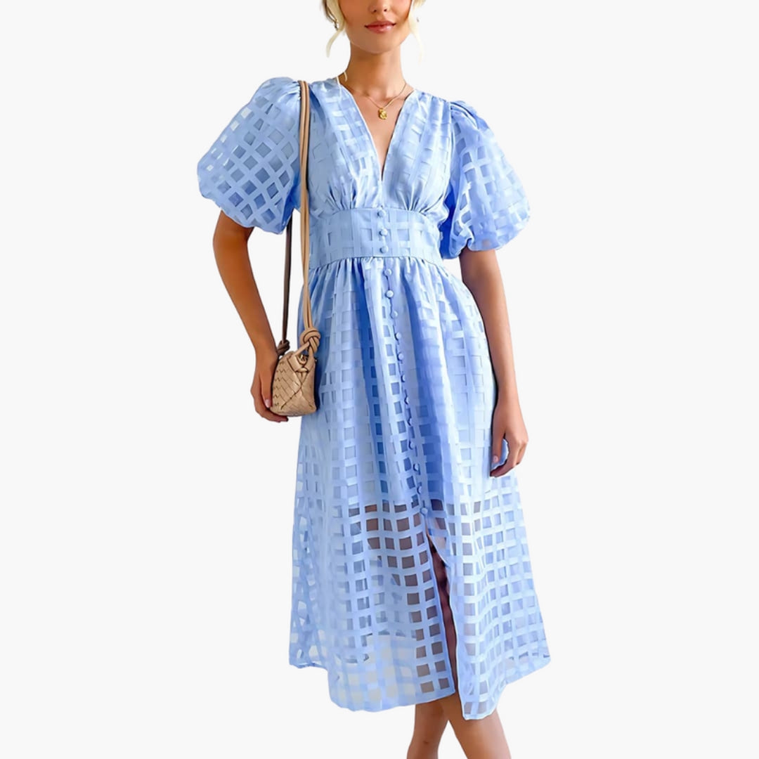Robe Midi Femme Motif Carreaux avec Manches Bouffantes