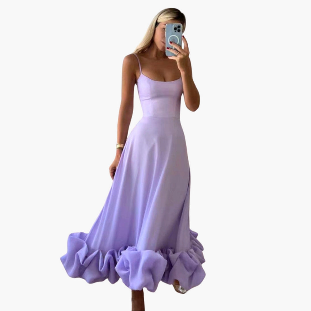 Robe Midi Femme à Bretelles Fines avec Ourlet à Volant