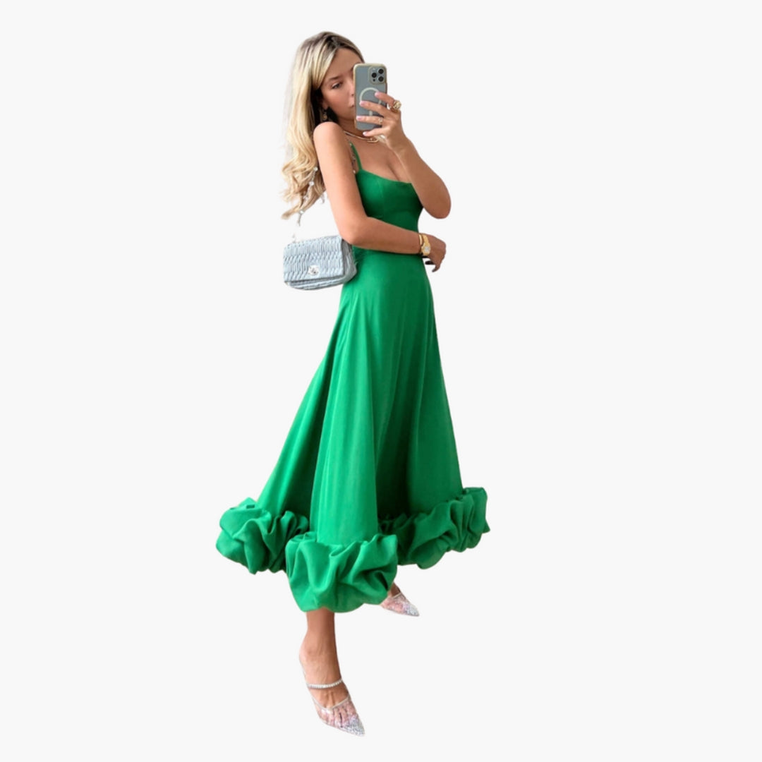 Robe Midi Femme à Bretelles Fines avec Ourlet à Volant