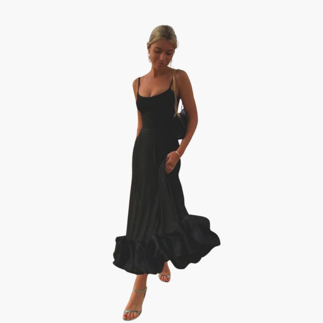 Robe Midi Femme à Bretelles Fines avec Ourlet à Volant