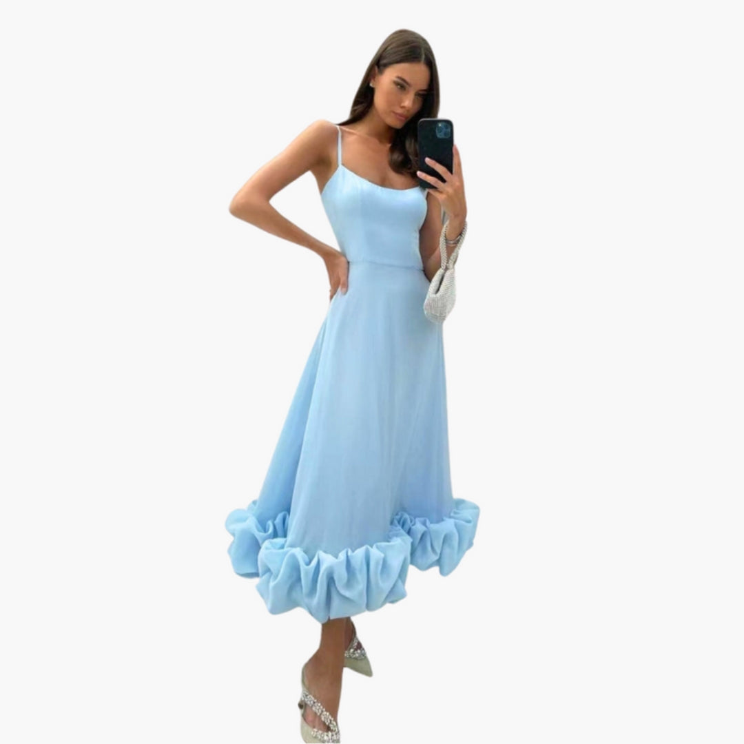 Robe Midi Femme à Bretelles Fines avec Ourlet à Volant
