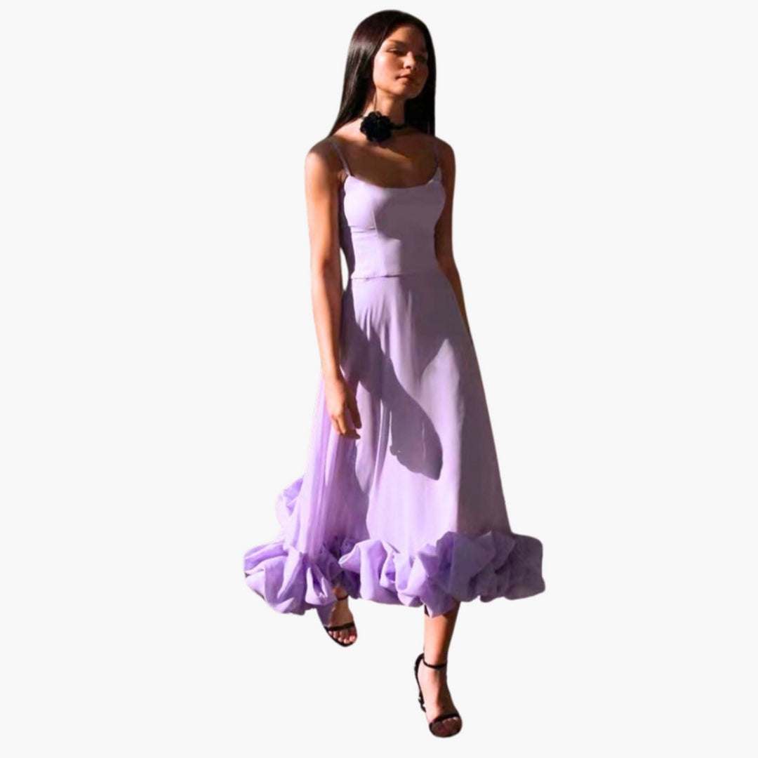 Robe Midi Femme à Bretelles Fines avec Ourlet à Volant
