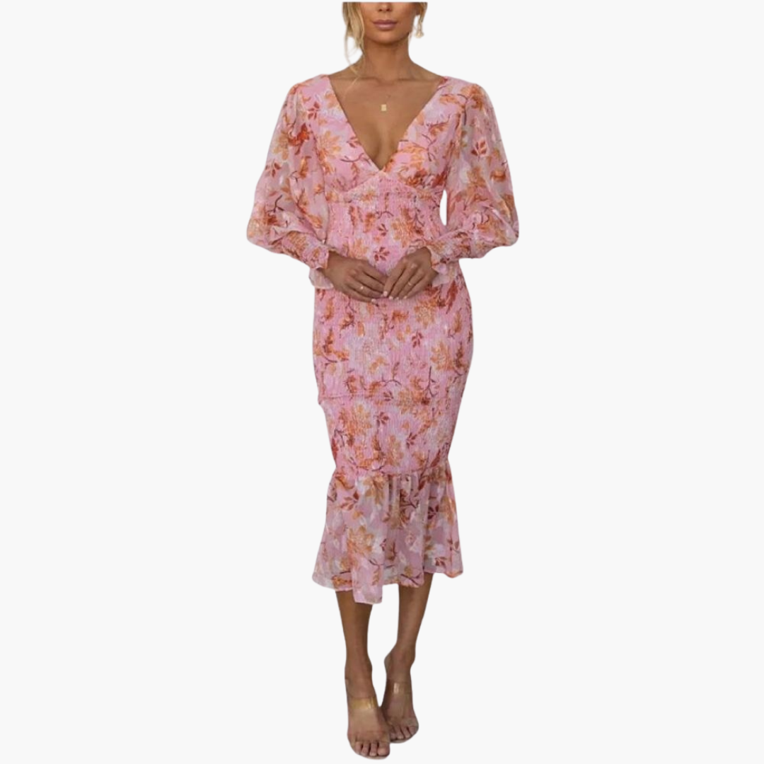 Robe Midi Femme à Motif Fleuri avec Manches Bouffantes
