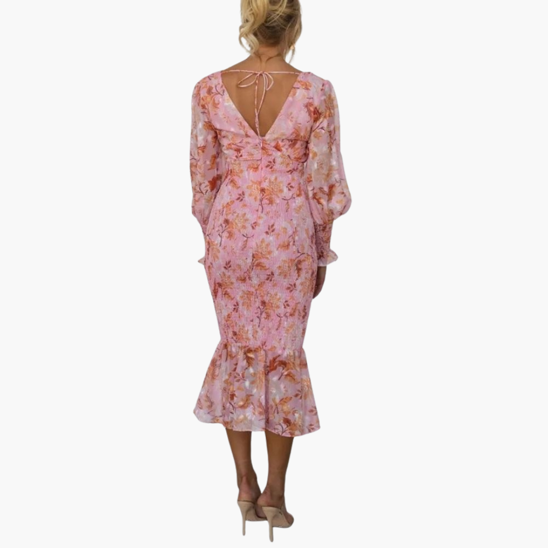 Robe Midi Femme à Motif Fleuri avec Manches Bouffantes