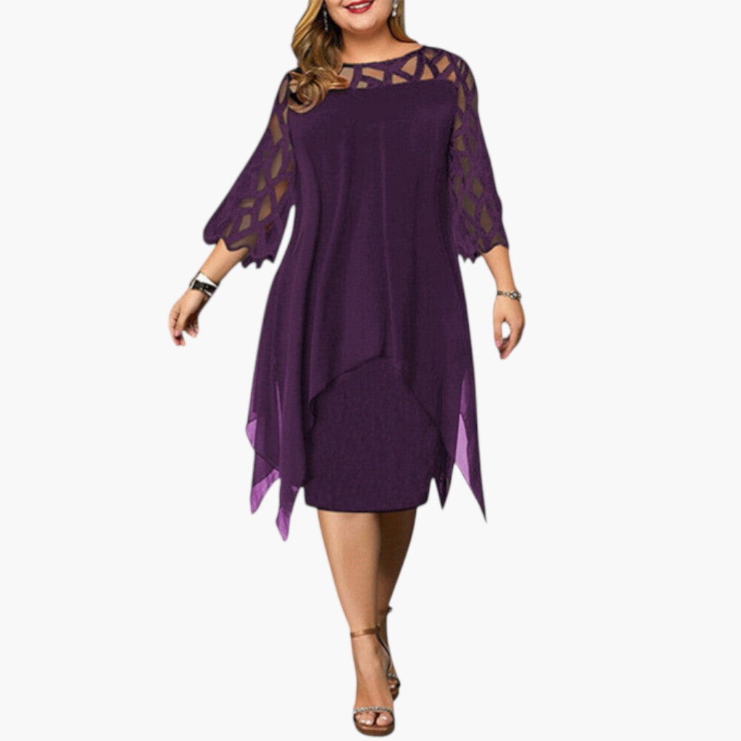 Vestido Midi Mujer con Cuello Redondo y Mangas con Recortes