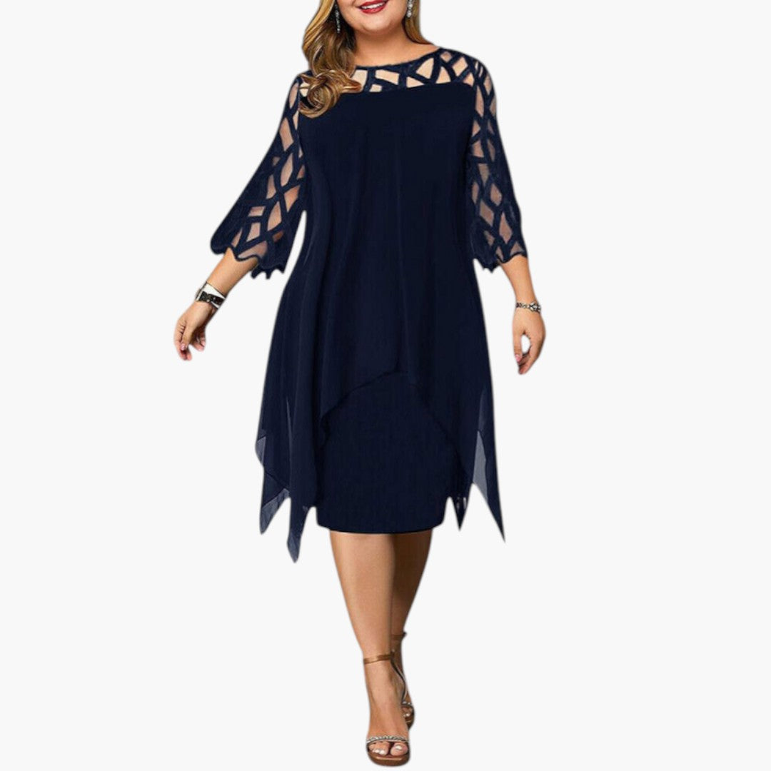 Vestido Midi Mujer con Cuello Redondo y Mangas con Recortes
