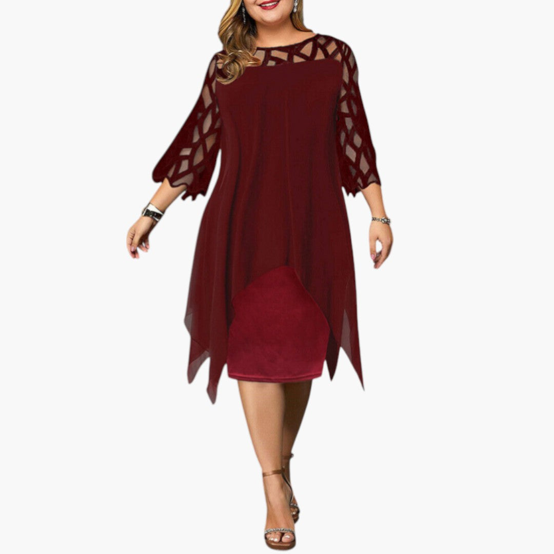 Vestido Midi Mujer con Cuello Redondo y Mangas con Recortes