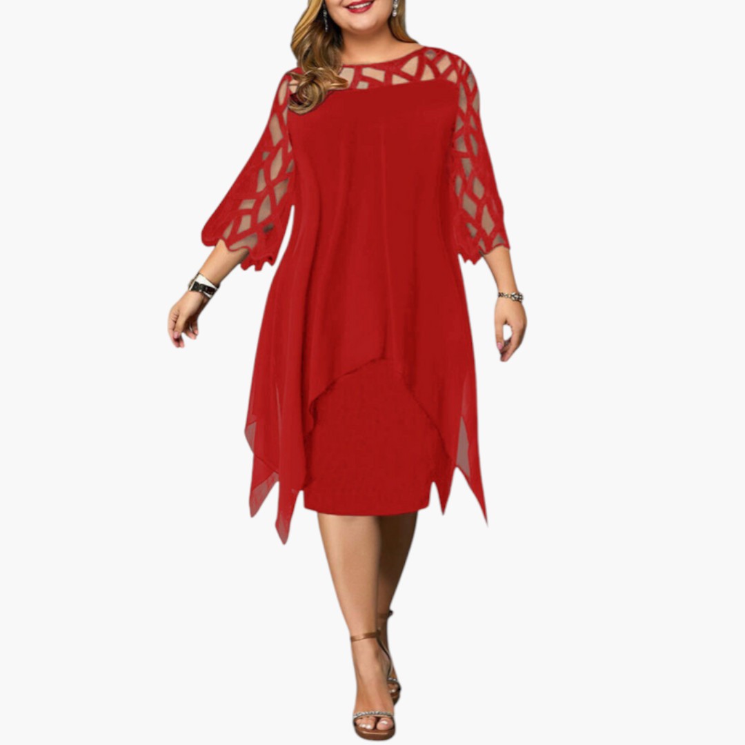 Vestido Midi Mujer con Cuello Redondo y Mangas con Recortes