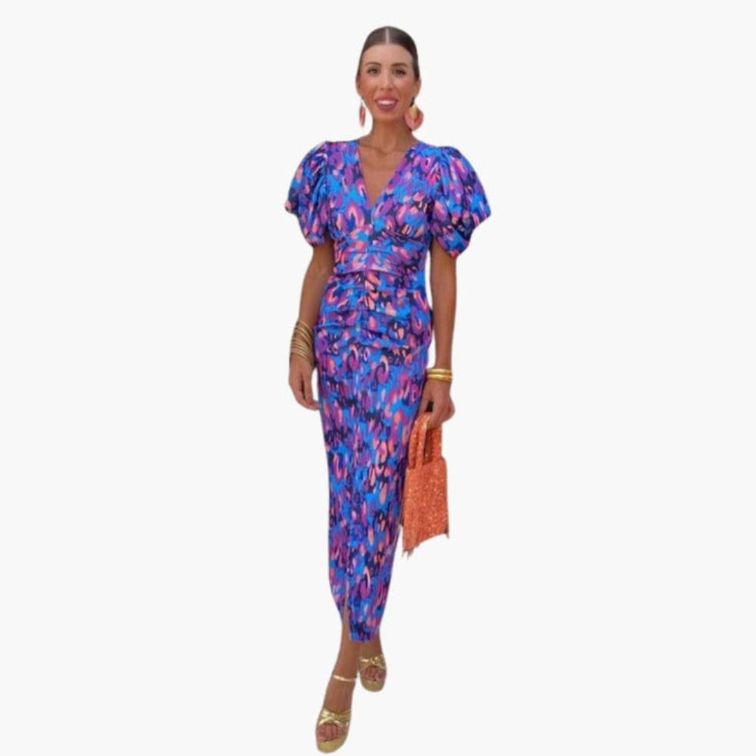 Robe Midi Femme avec Col en V et Manches Bouffantes