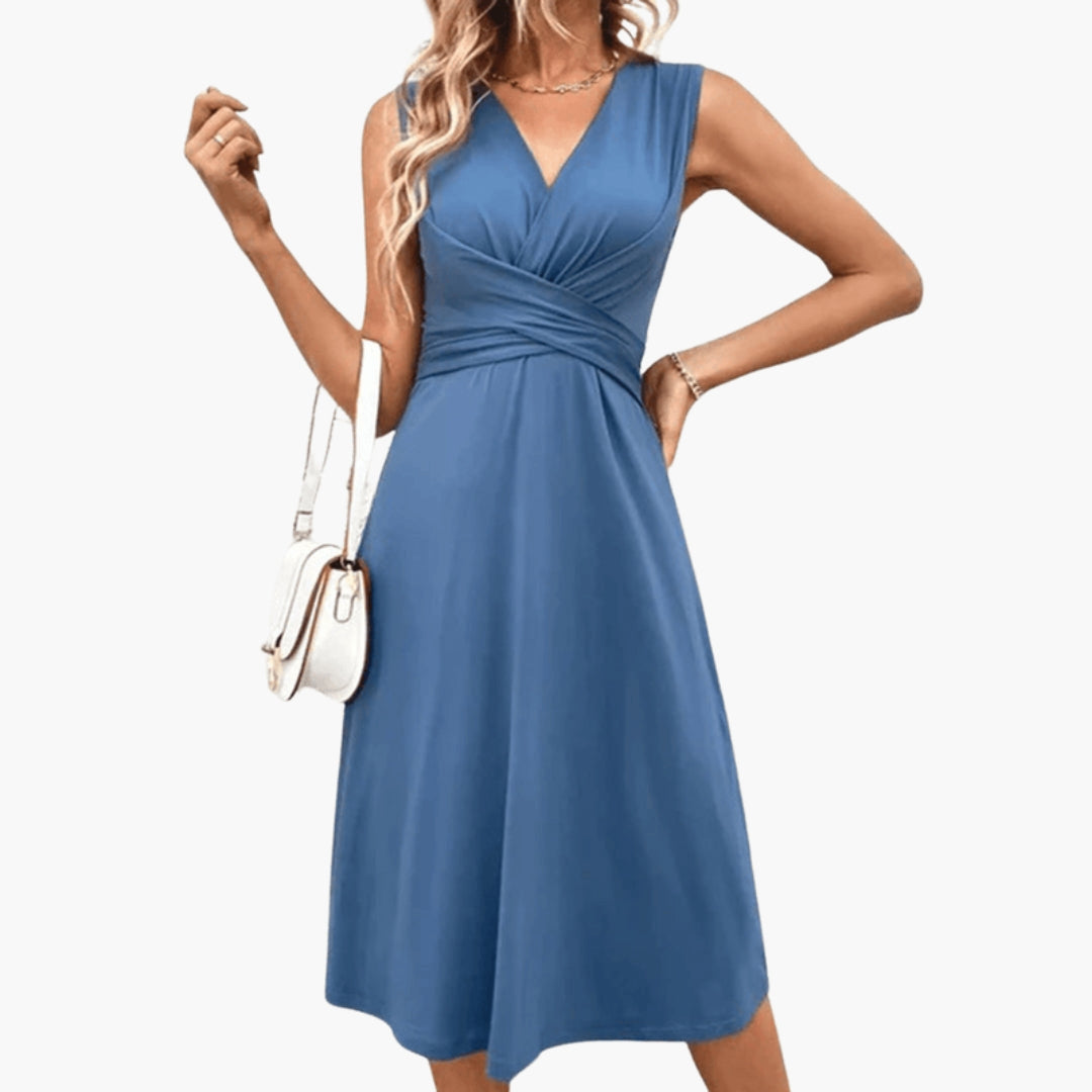 Robe Midi Femme avec Col en V et Sans Manches