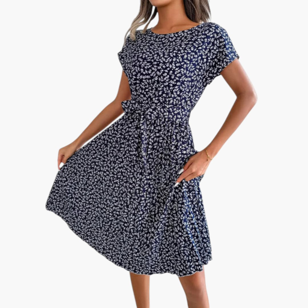 Robe Midi Femme avec Manches Courtes et Taille à Nouer