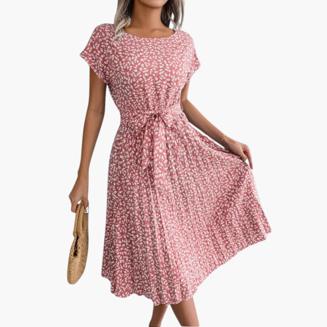 Robe Midi Femme avec Manches Courtes et Taille à Nouer