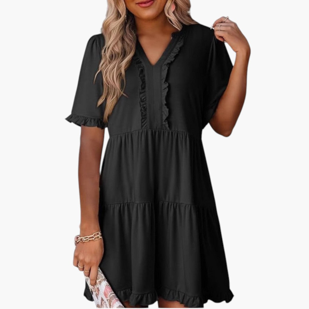 Abito Mini Donna con Scollo a V e Bordo a Volant
