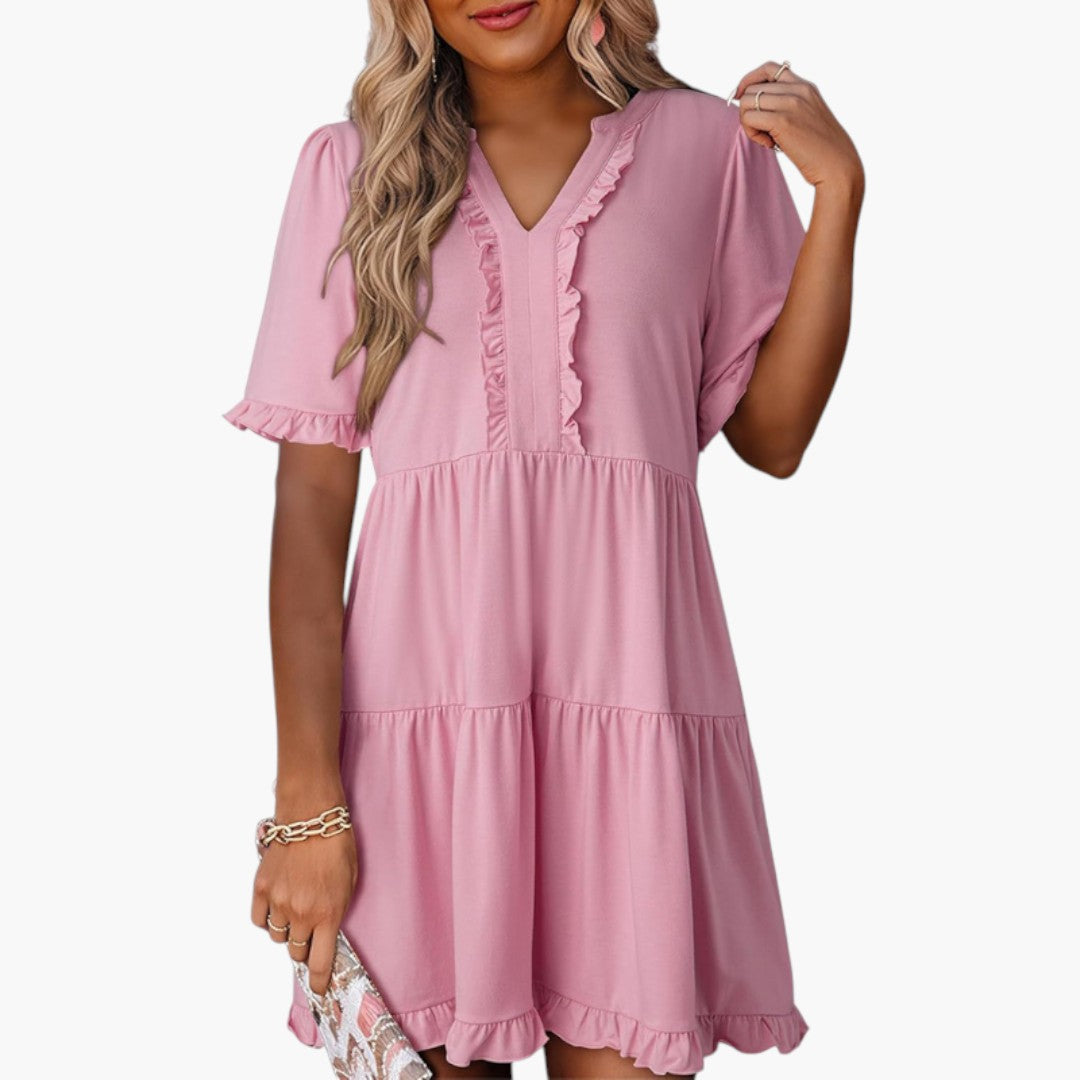 Abito Mini Donna con Scollo a V e Bordo a Volant