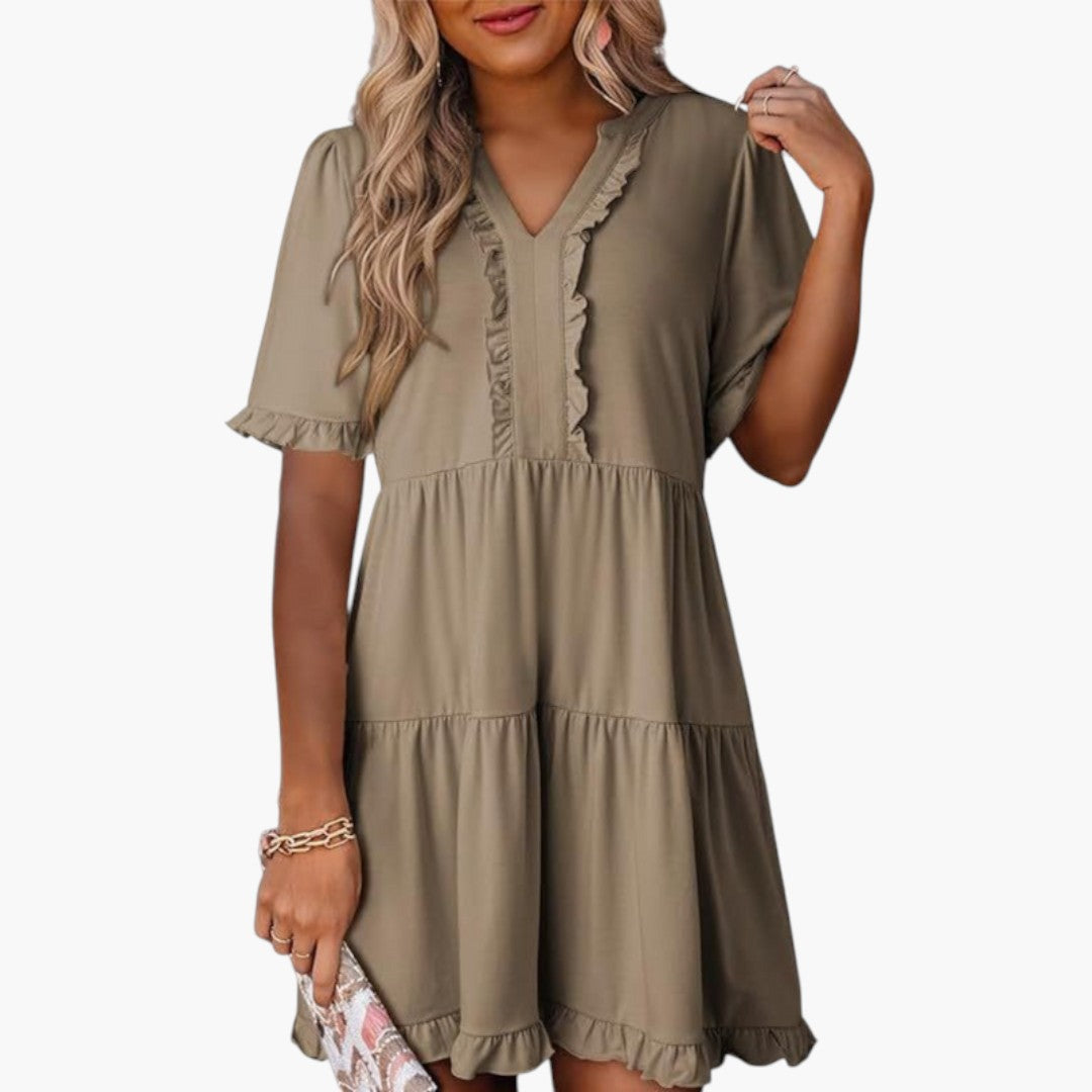 Abito Mini Donna con Scollo a V e Bordo a Volant