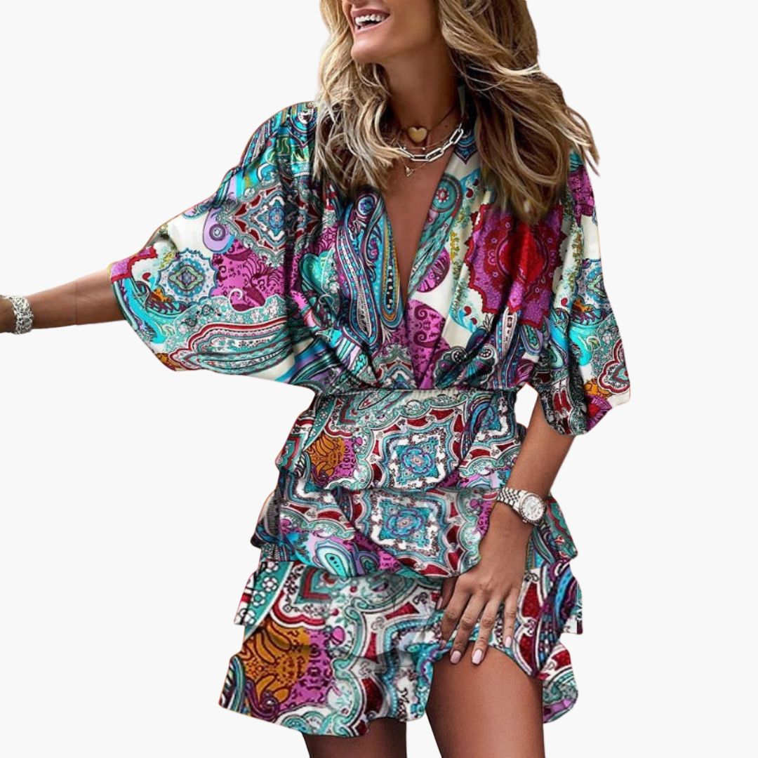 Women's Mini Dress with Shirt Collar and Elastic Waist