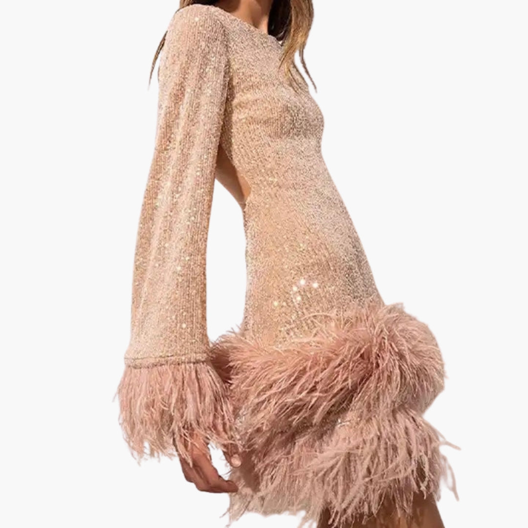 Robe de soirée femme avec sequins et finitions à plumes