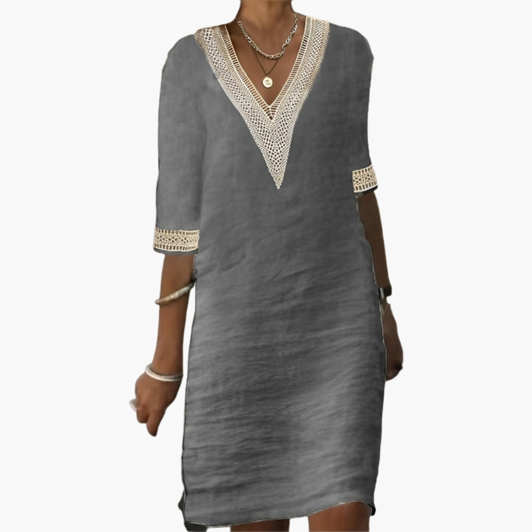 Damenkleid mit V-Ausschnitt und Spitzenverzierung