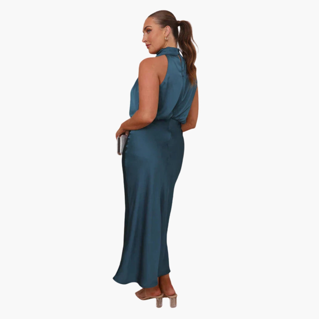 Long dress for women with draped neckline