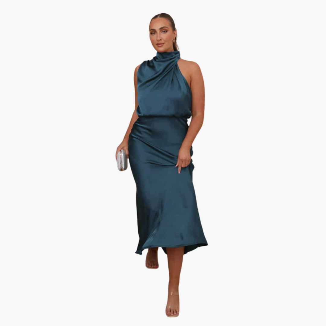 Long dress for women with draped neckline
