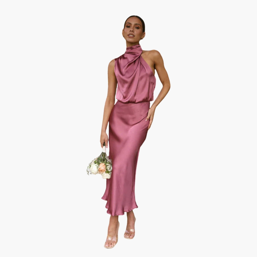 Long dress for women with draped neckline
