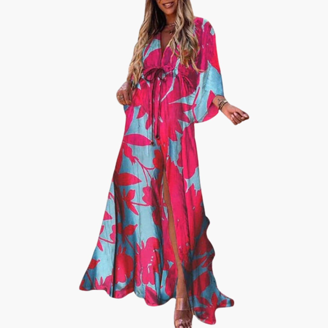 Abito lungo donna con scollo a V e vita con cordoncino