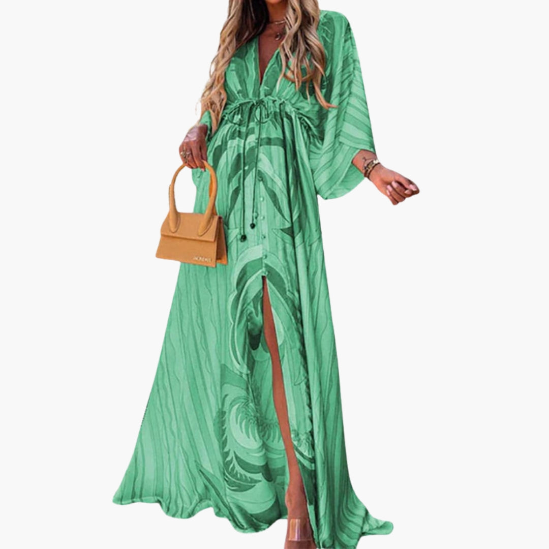Abito lungo donna con scollo a V e vita con cordoncino