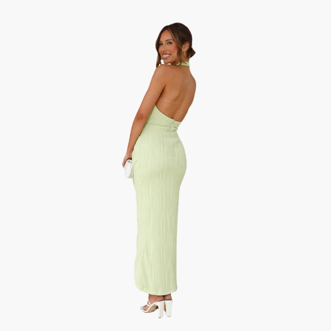 Langes Damenkleid mit freiem Rücken und Stehkragen
