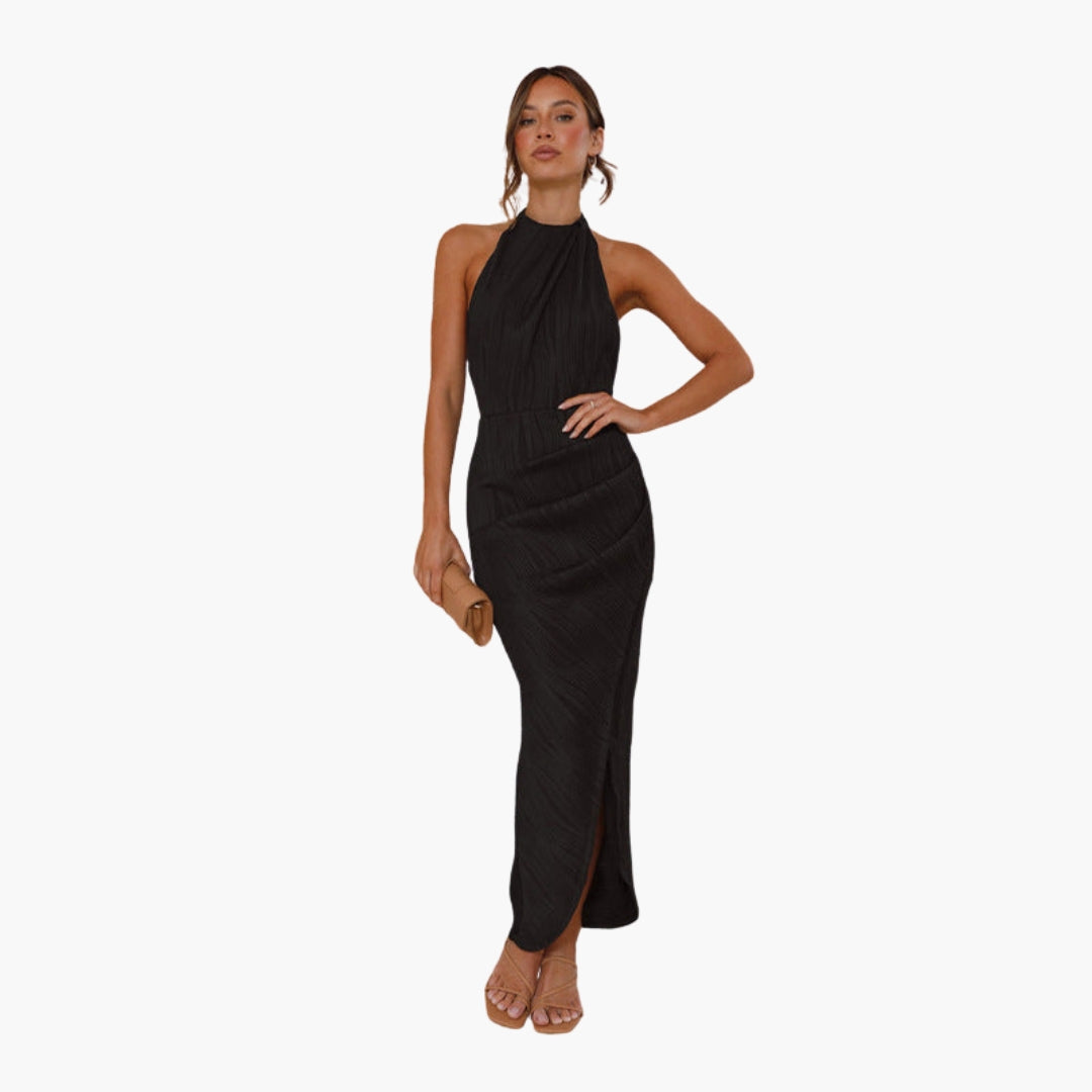 Langes Damenkleid mit freiem Rücken und Stehkragen