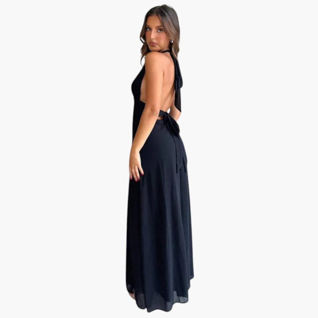 Langes Damenkleid mit freiem Rücken, Neckholderkragen und seitlichem Schlitz