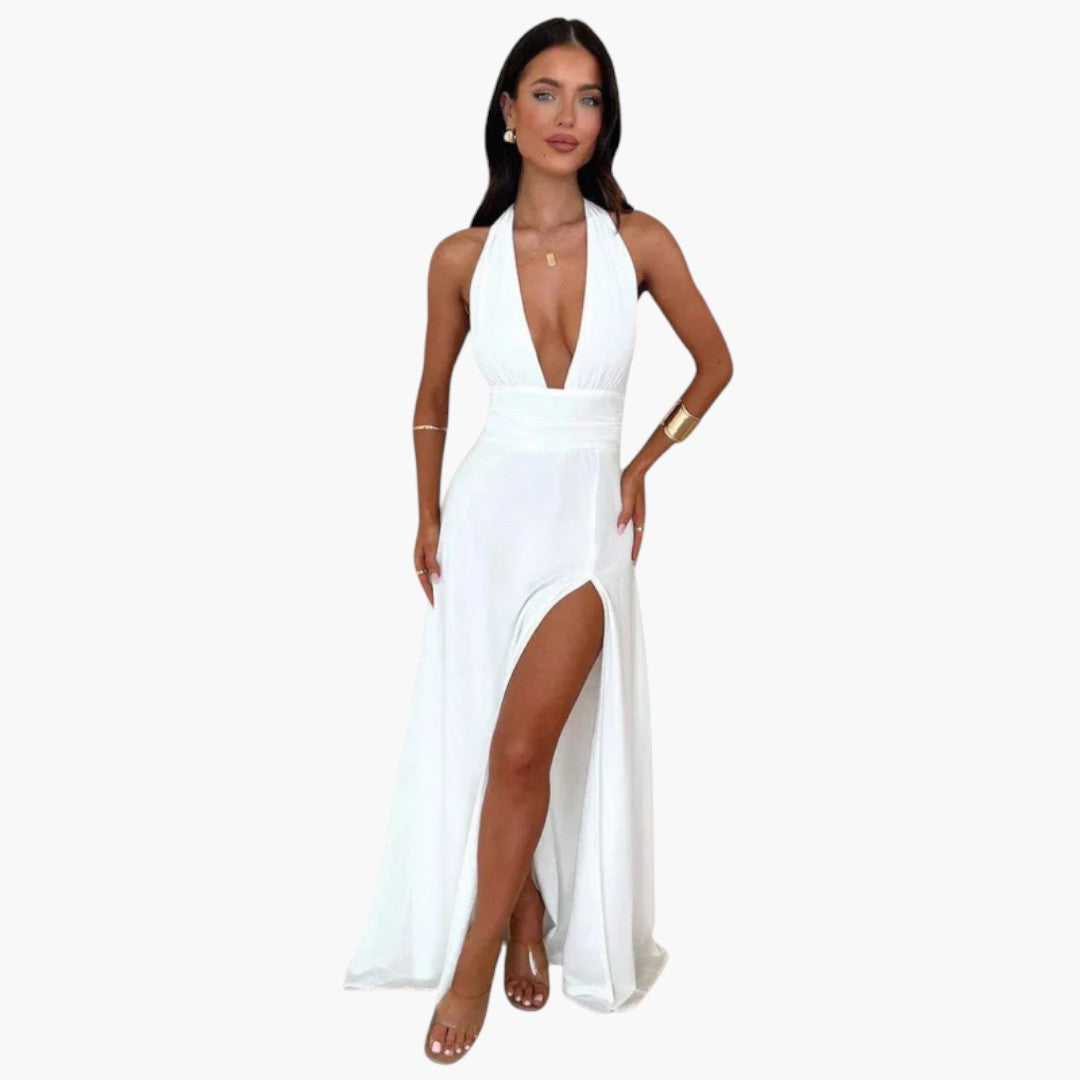Langes Damenkleid mit freiem Rücken, Neckholderkragen und seitlichem Schlitz