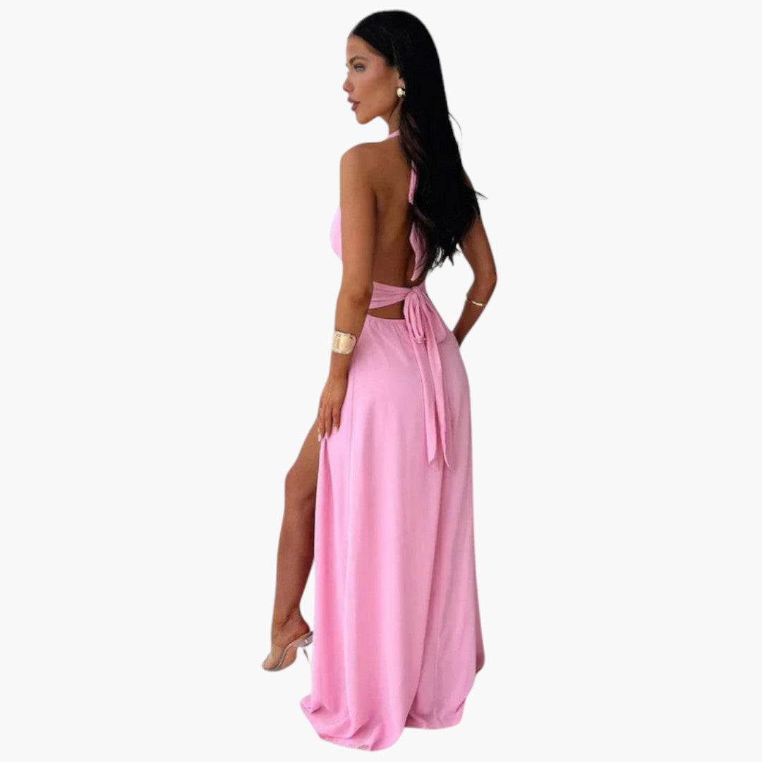 Langes Damenkleid mit freiem Rücken, Neckholderkragen und seitlichem Schlitz