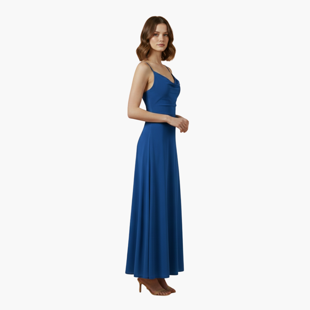 Ärmelloses langes Damenkleid mit drapiertem Kragen